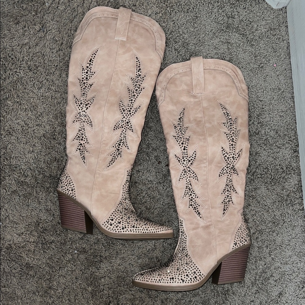 Rhinestone Tan Knee-High Boots